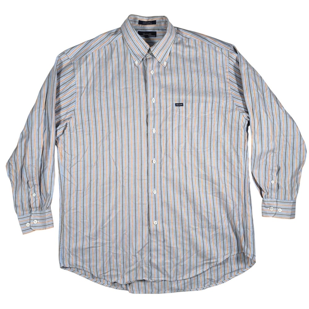Faconnable Mens Large Striped Button Down Shirt‎ Blue Orange Cotton